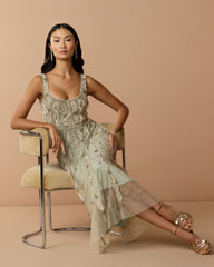 Petite Green Sleeveless Scoop Neck Embellished Midi Dress