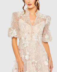 Petite Pink Queen Anne Puff Sleeve A-Line Gown