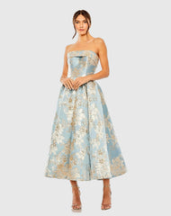 Strapless Brocade Midi Dress with Pockets