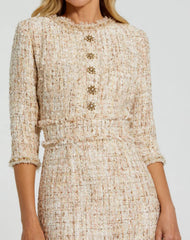 Beaded Trim Boucle Midi Dress with 3/4 Sleeves