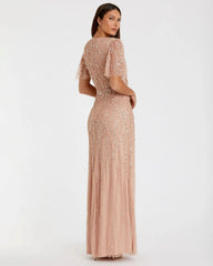 Petite Pink Embellished Flutter Sleeve Gown