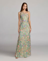 One Shoulder Floral Embroidered Gown