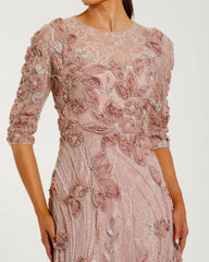 Petite Pink High Neck Embellished Lace Gown with 3/4 Sleeves