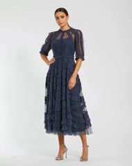 Petite Navy High Neck Ruffle Tiered A-Line Midi Dress