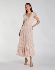 Micro Ruffle Cap Sleeve A-Line Midi Dress