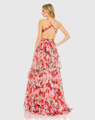 Red Pleated Chiffon Cut Out Ball Gown
