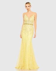 Applique Sleeveless Plunge Neck Trumpet Gown