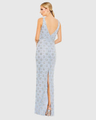 Blue Embellished Sleeveless V Neck Gown