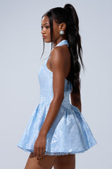 BRINA BROCADE MINI DRESS IN BLUE