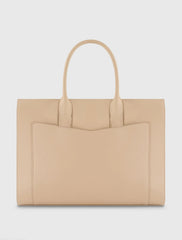 Beige Large Leather Briefcase Bag With Gold Hardware
