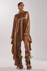 WONDERLUST SATIN LONG SLEEVE MINI DRESS IN BROWN