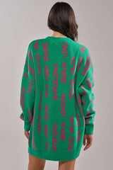 AROUND THE WORLD SWEATER MINI DRESS IN GREEN