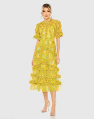 Illusion Floral Midi Dress with Ruffle Detailing