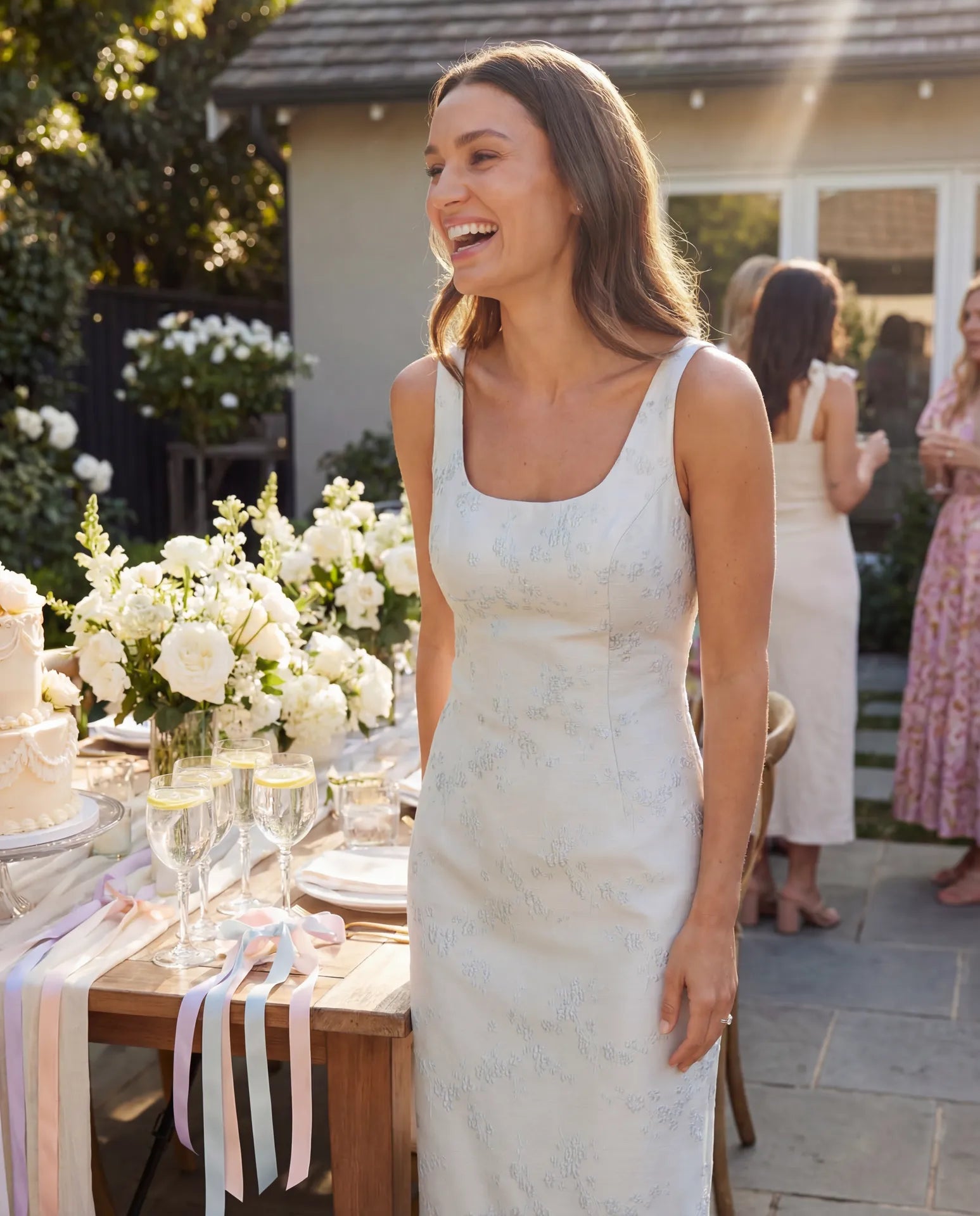 Light Blue Brocade Sleeveless Scoop Neck Midi Dress