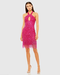 Pink Cross Front Keyhole Top Beaded Fringe Mini Dress - FINAL SALE