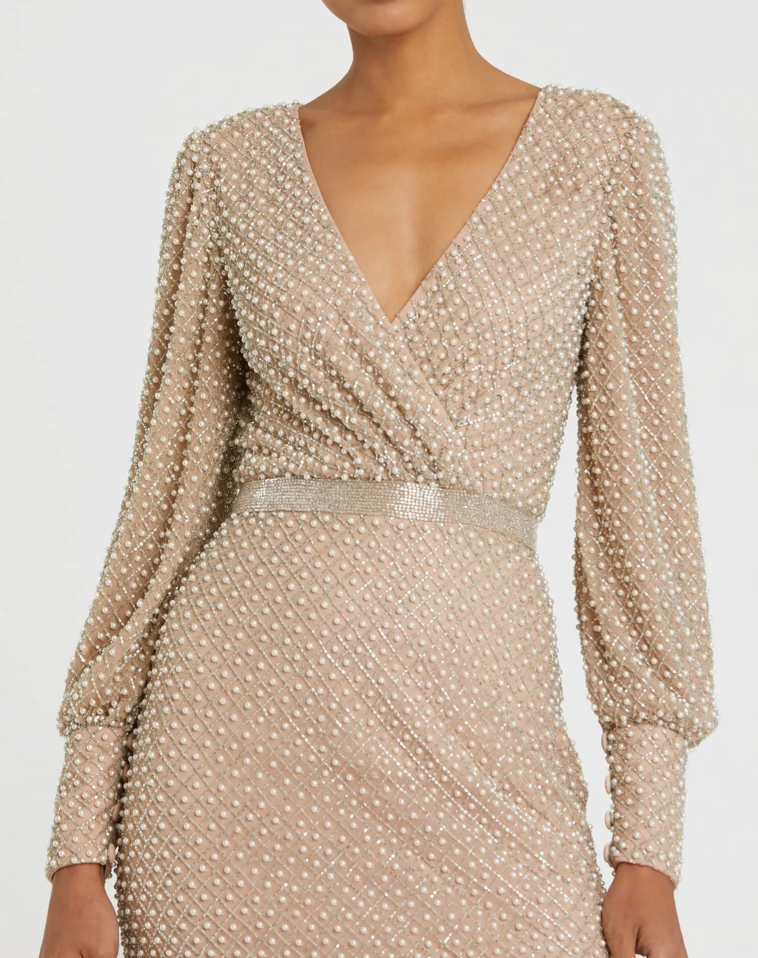 Beige Wrap Over Bishop Sleeve Gown With Pearl Beading