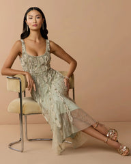 Green Sleeveless Scoop Neck Embellished Midi Dress