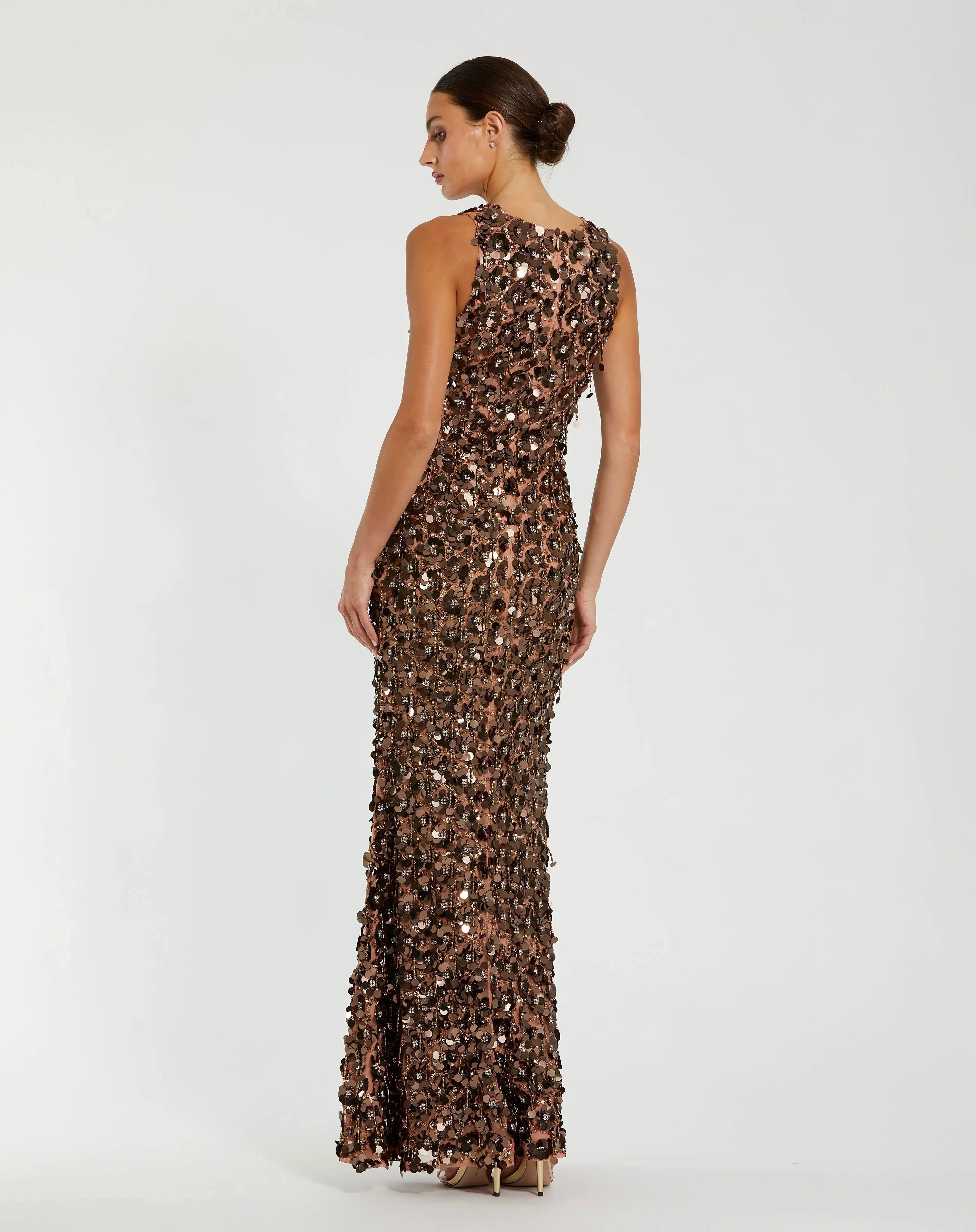 Brown Sequin Embellished Sleeveless Gown With Beaded Fringe