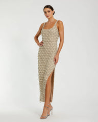 Beige Beaded Scoop Neck Midi Dress