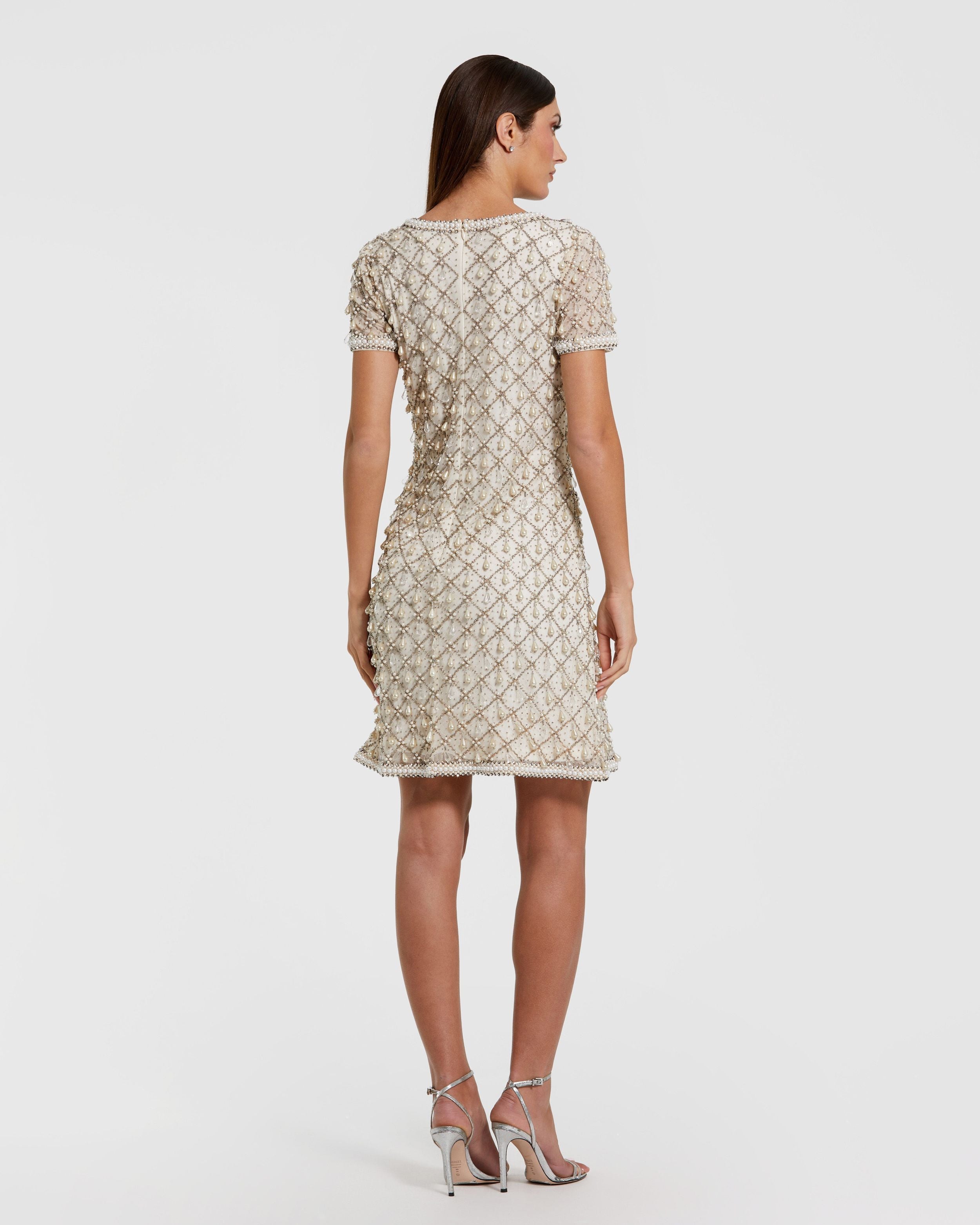 Ivory Pearl Embellished Short Sleeve Mini Dress