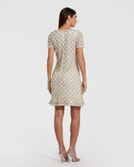 Ivory Pearl Embellished Short Sleeve Mini Dress