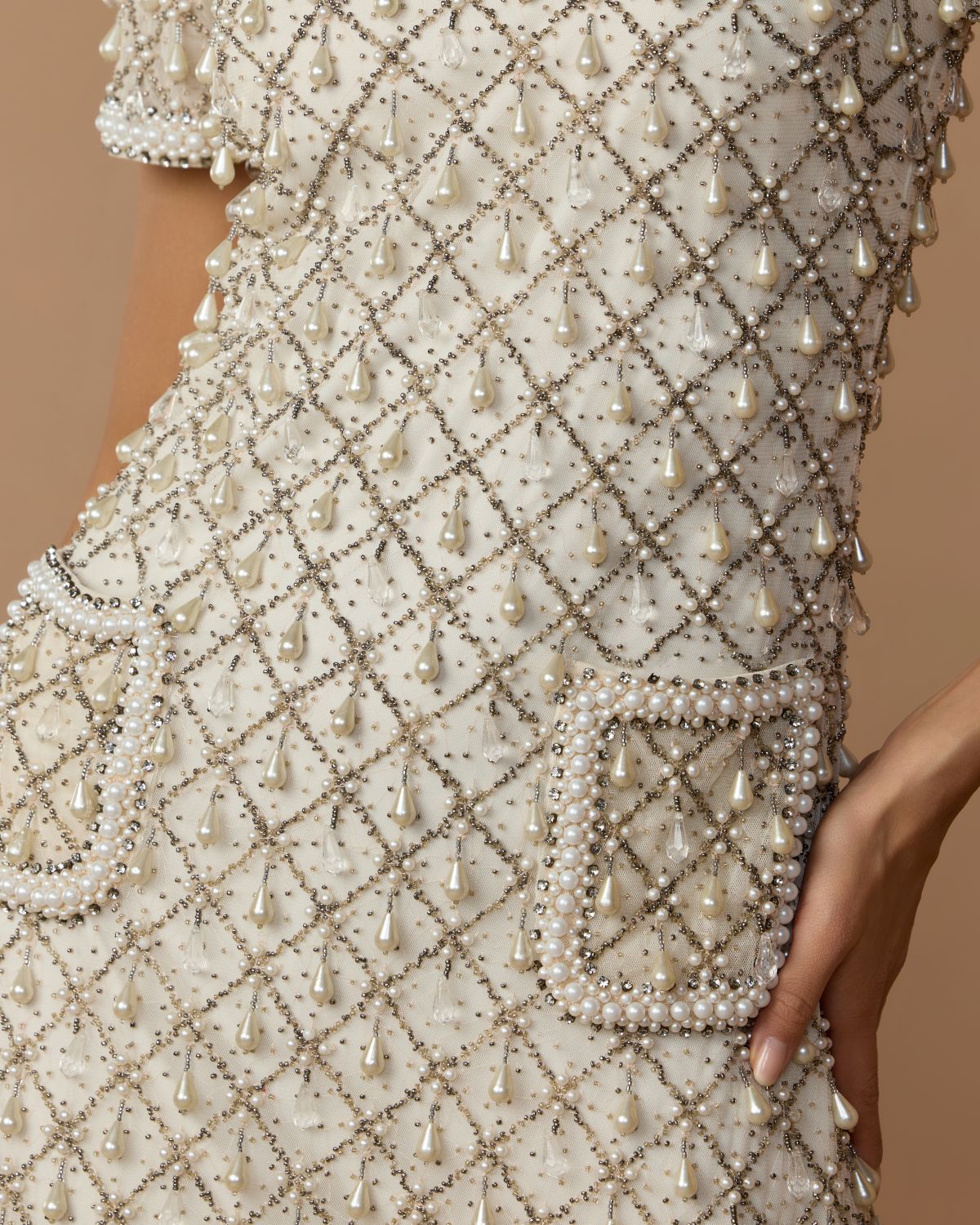 Ivory Pearl Embellished Short Sleeve Mini Dress