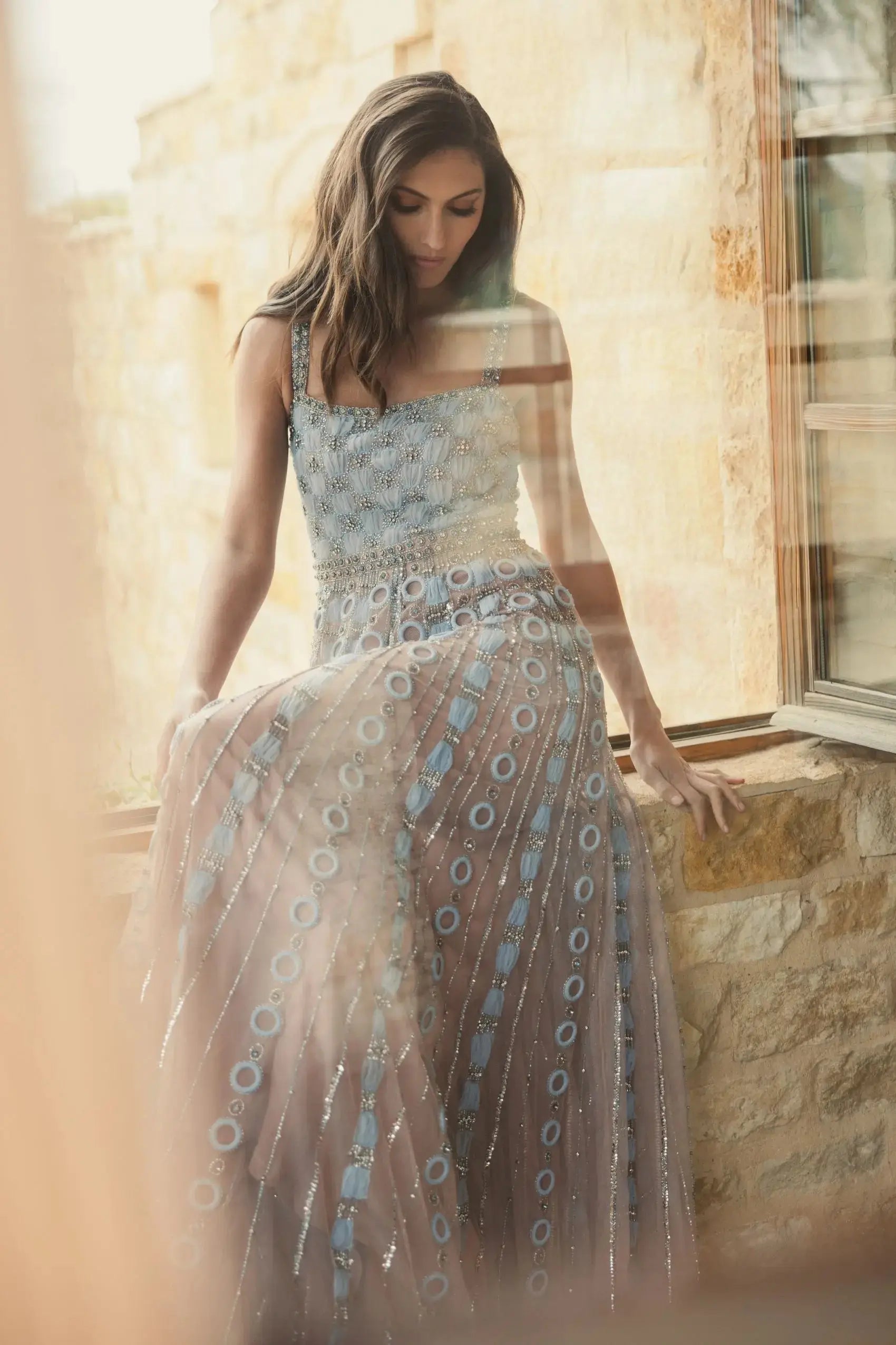 Light Blue Sleeveless Embellished A-line Gown