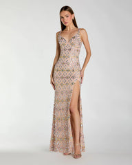 Beige Embellished V Neck Column Gown With Slit
