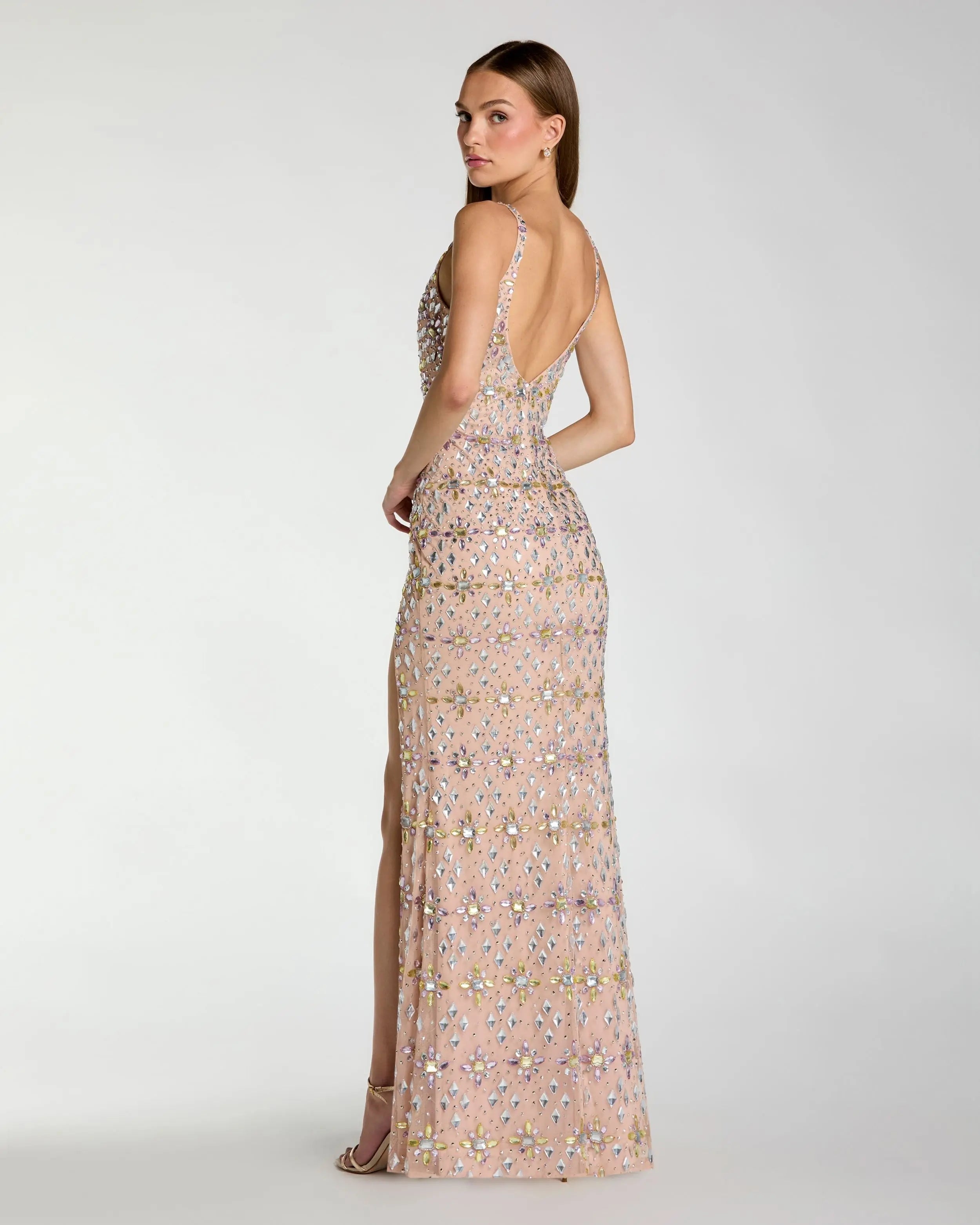 Beige Embellished V Neck Column Gown With Slit