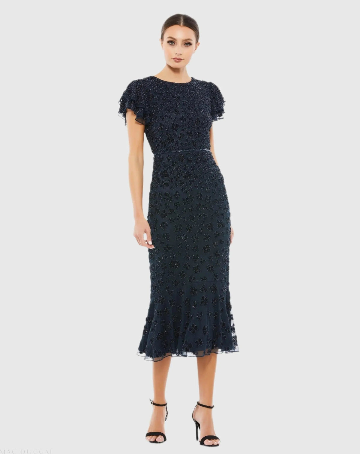 Navy Hand Beaded Flounce Sleeve Midi Dress