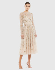 Beaded Illusion High Neck Long Sleeve A Line Gown