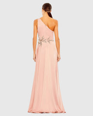 Pink Embellished One Shoulder Asymmetrical Gown