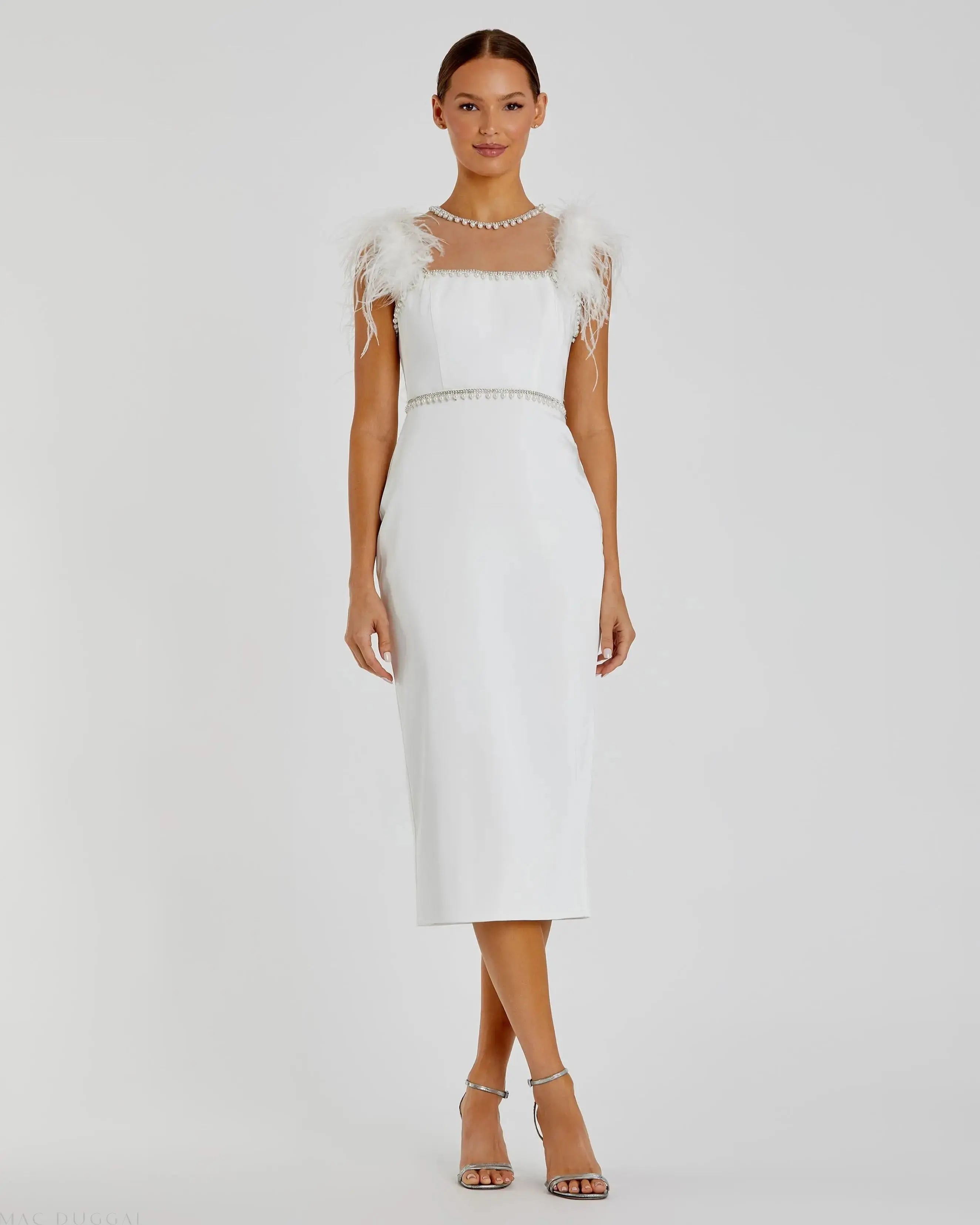 Feather Cap Sleeve Pearl Embellished Tea-length Dress