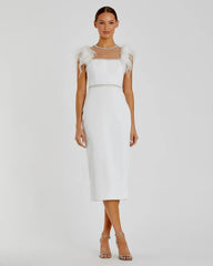 White Feather Cap Sleeve Pearl Embellished Tea-length Dress
