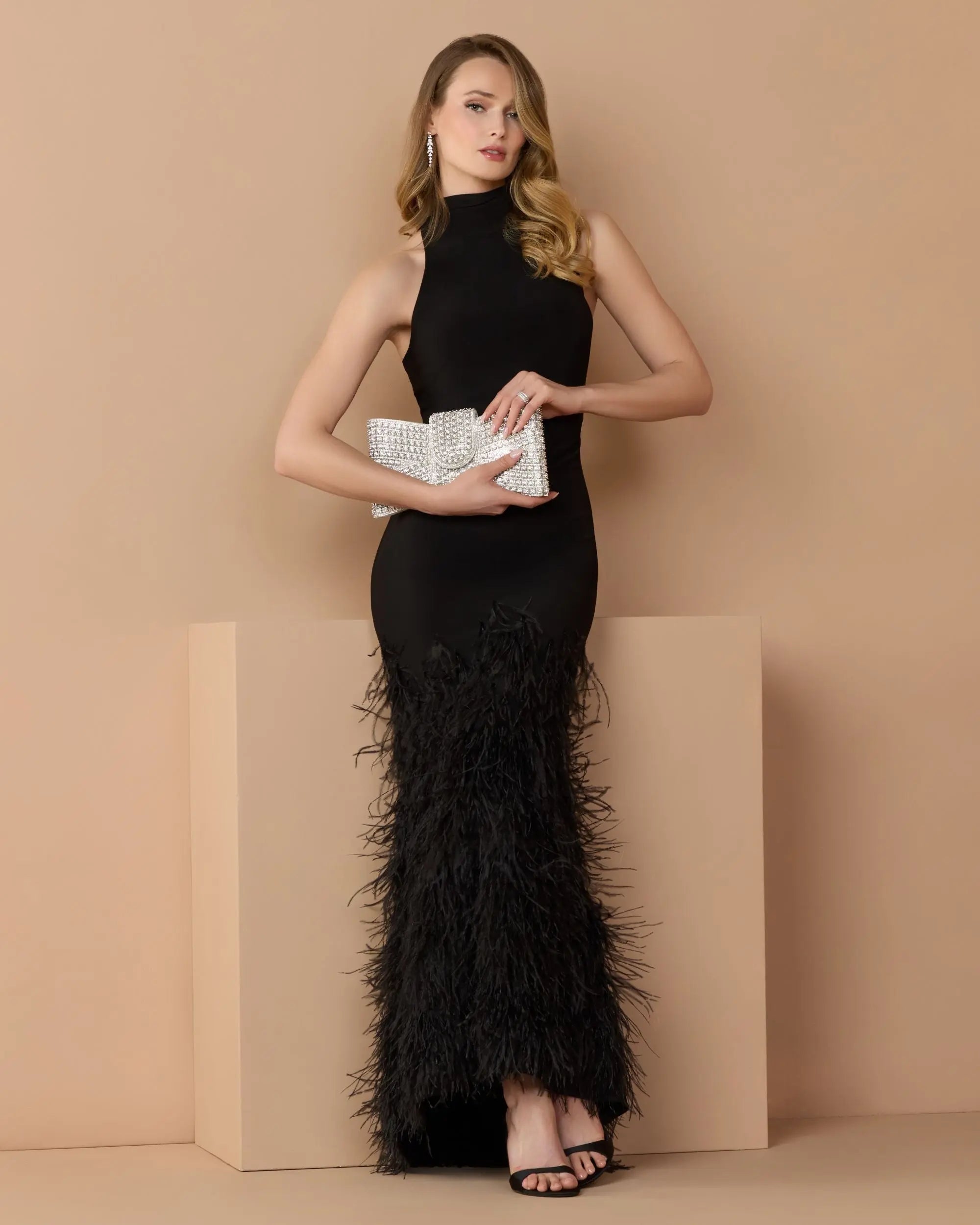 Black Halter Neck Jersey Gown With Feather Trim