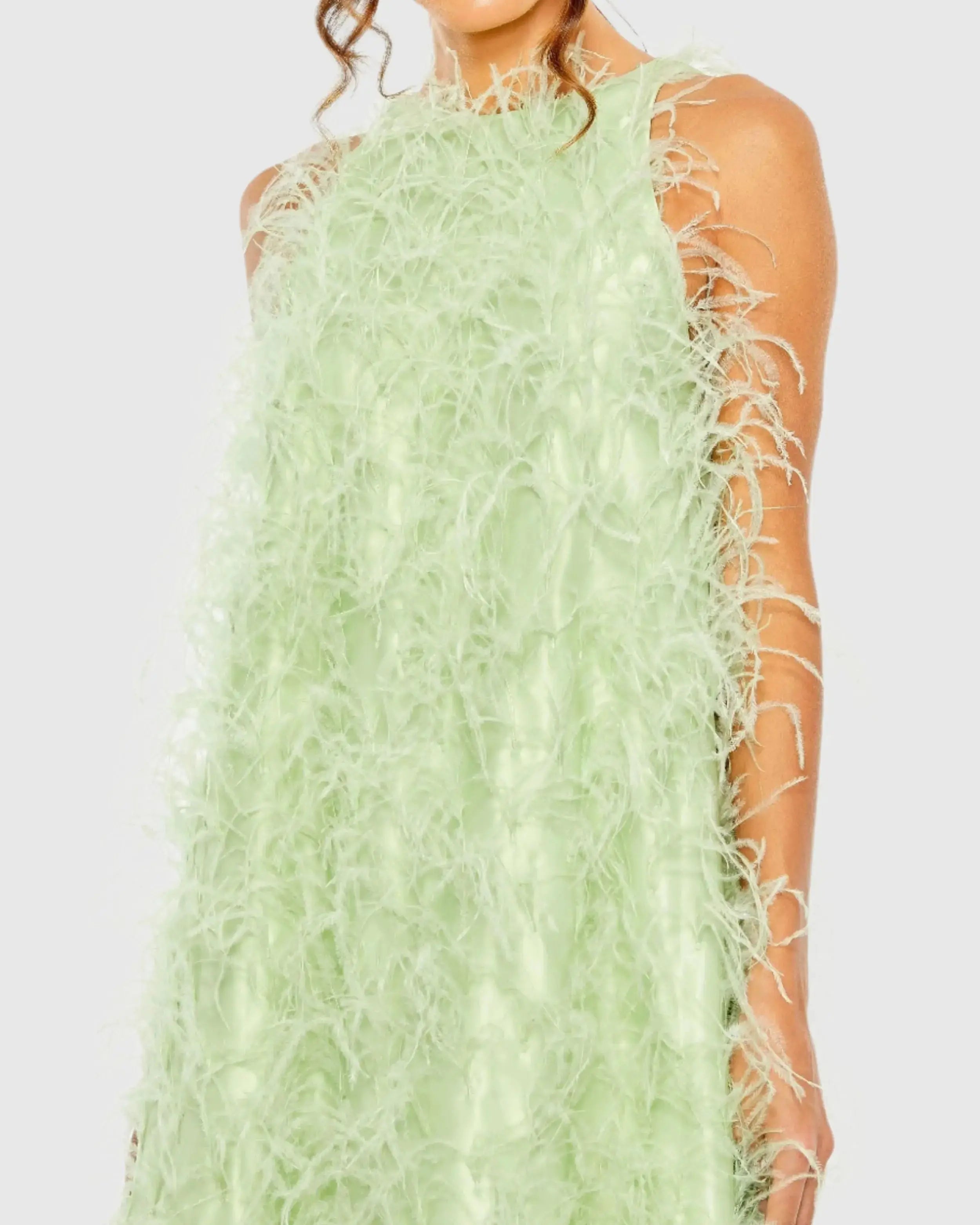 Green Sleeveless Feather Embellished High Low Gown