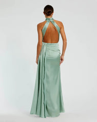 Green Sleeveless Open Back Satin Gown