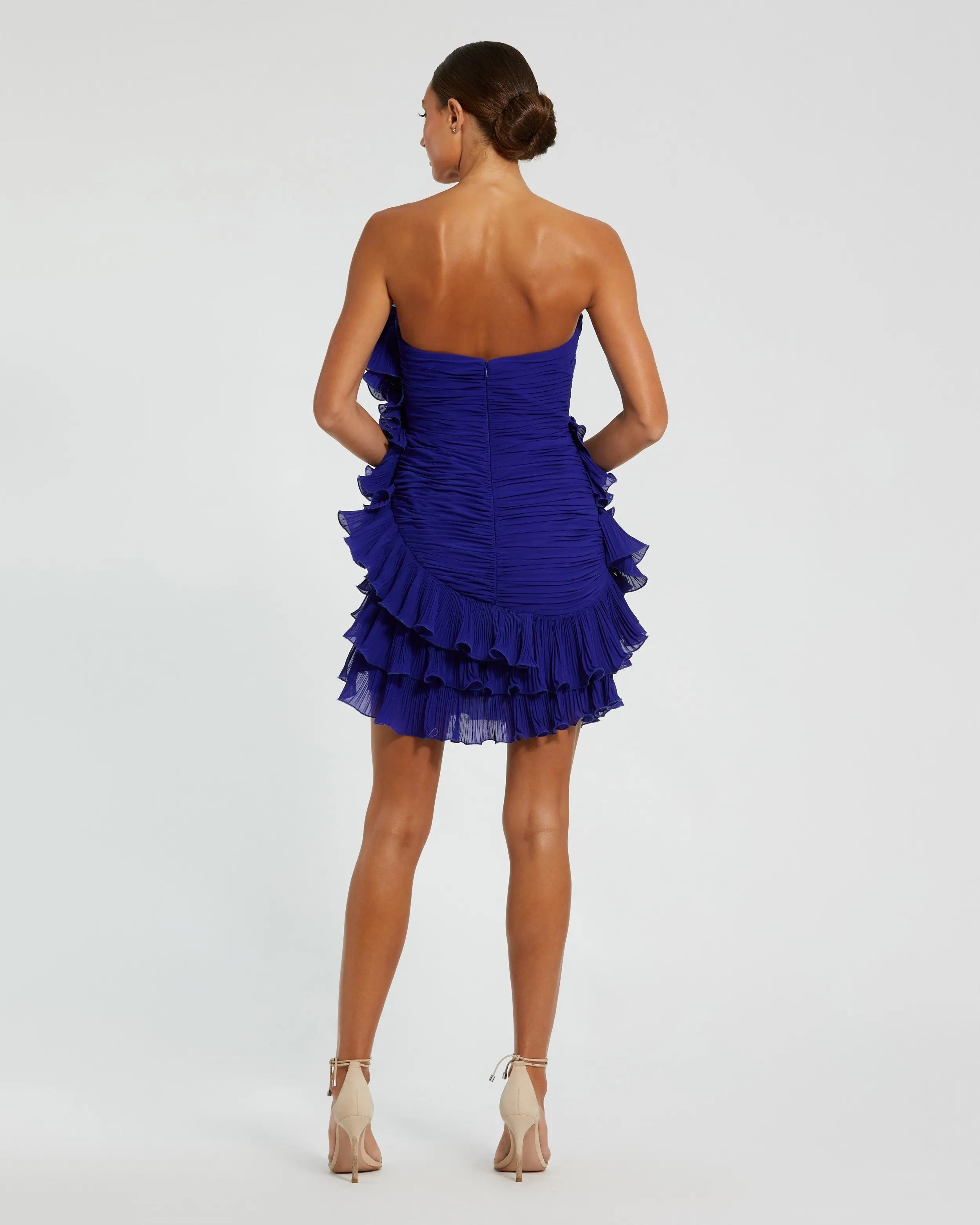 Blue Strapless Tiered Ruffle Mini Dress