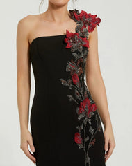 Black One Shoulder Embroidered Mermaid Gown