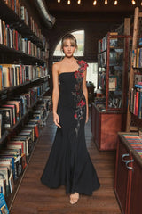 Black One Shoulder Embroidered Mermaid Gown
