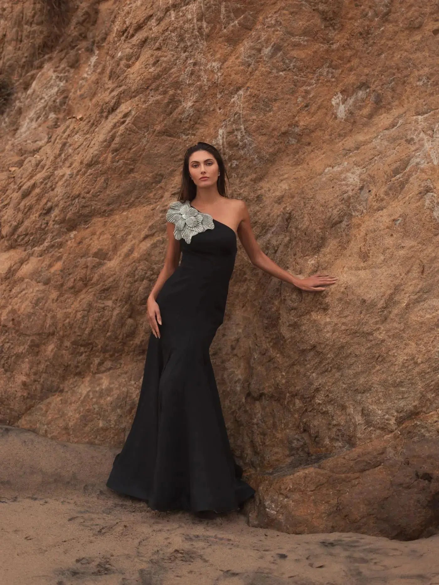 Petite Black Crepe One Shoulder Mermaid Gown With Flower