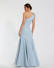 Blue Crepe One Shoulder Gown With Crystal Flower