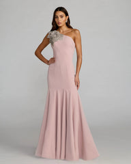 Crepe One Shoulder Gown With Crystal Flower