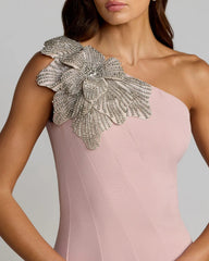 Pink Crepe One Shoulder Gown With Crystal Flower