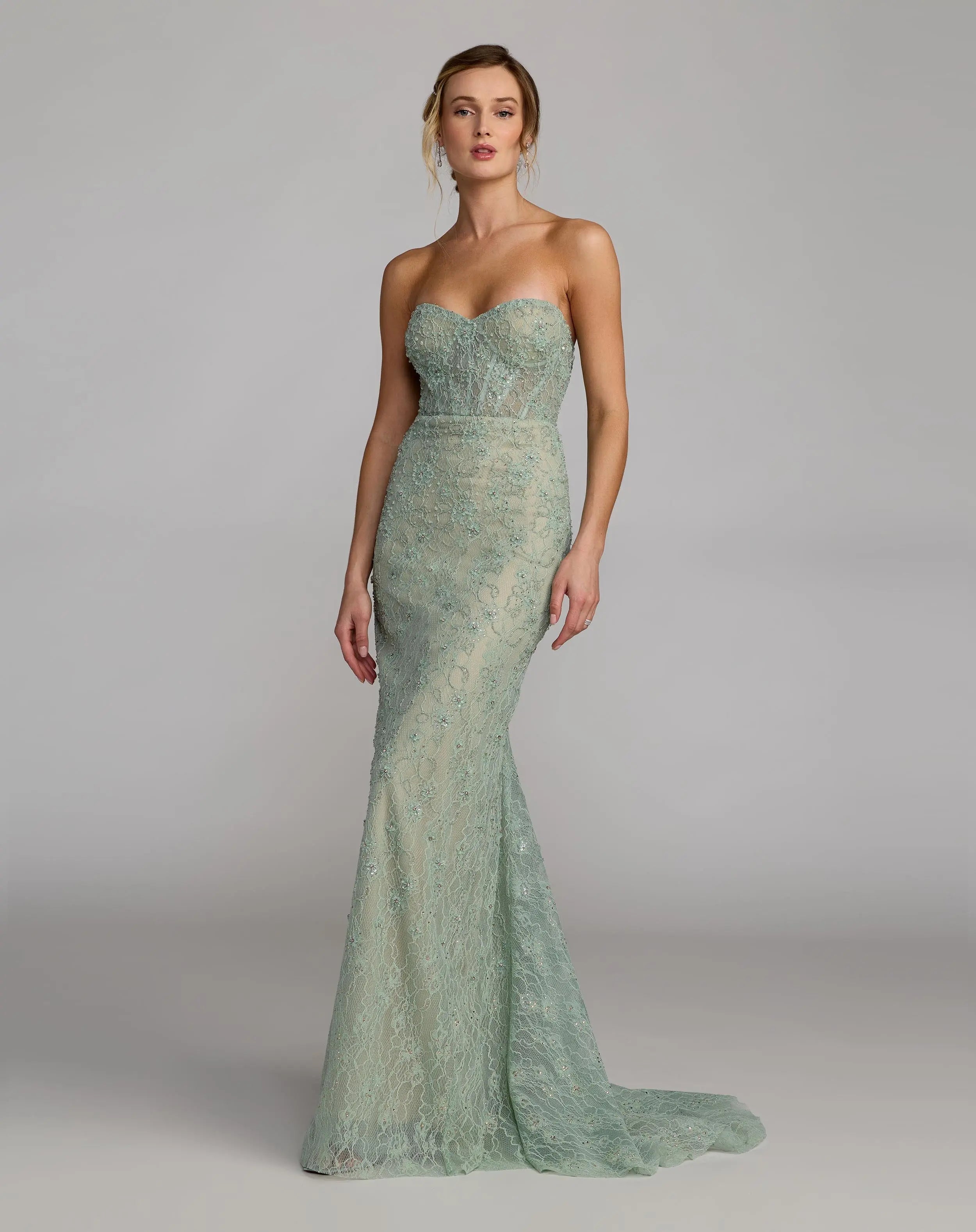 Green Embellished Strapless Bustier Gown With Sweeping Train