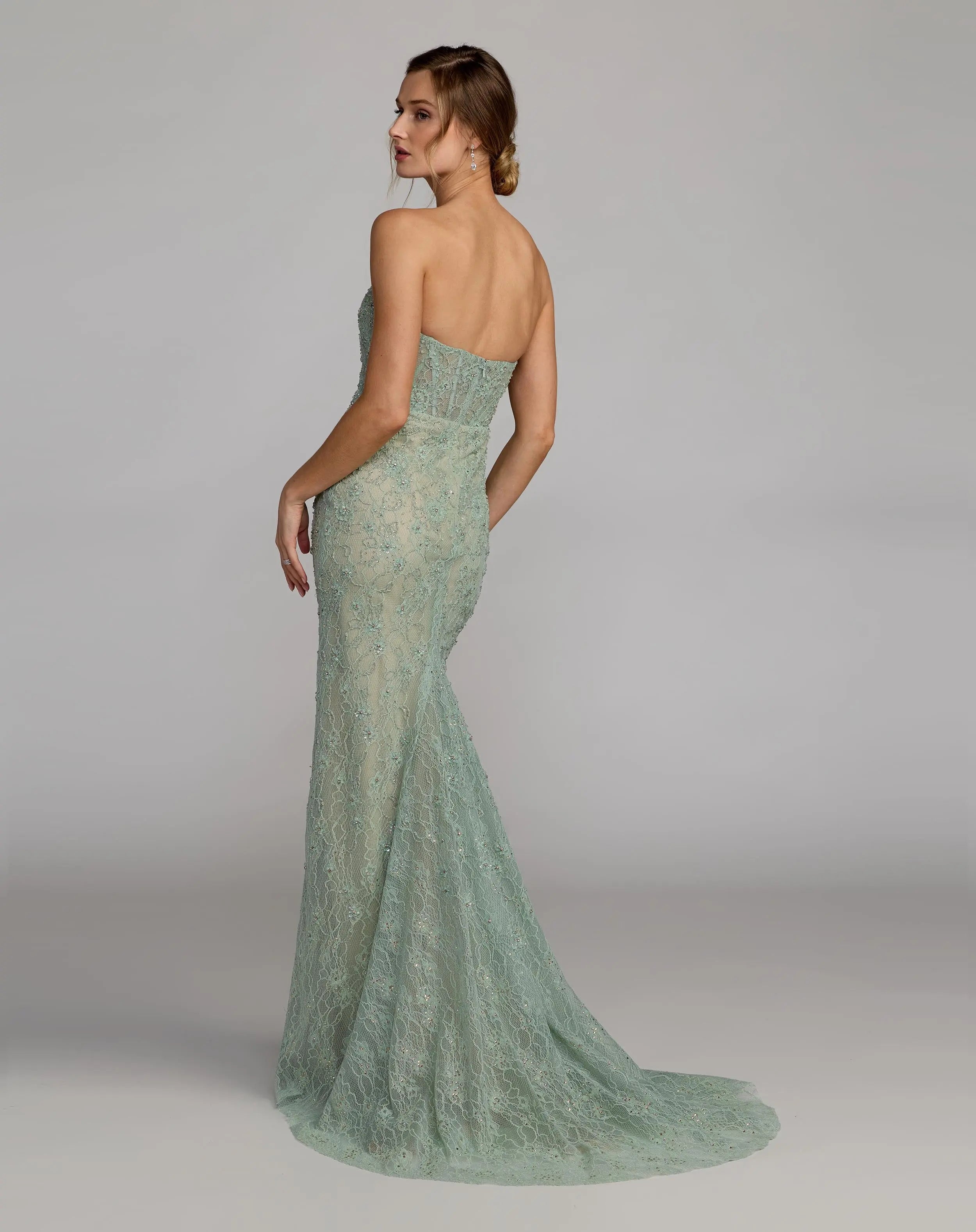 Green Embellished Strapless Bustier Gown With Sweeping Train
