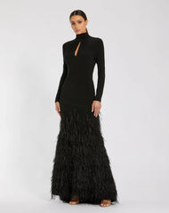 Black Long Sleeve High Neck Feather Trim Gown