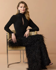 Black Long Sleeve High Neck Feather Trim Gown