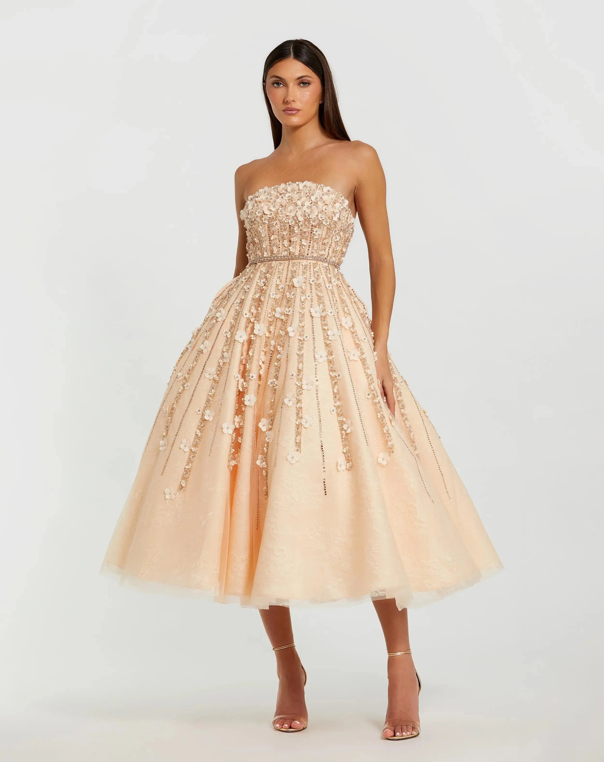 Beige Floral Embellished Strapless A-Line Midi Dress