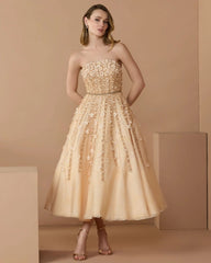 Beige Floral Embellished Strapless A-Line Midi Dress